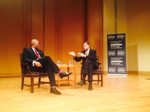 Tony Elumelu and Steve Radelet during the Q & A session at Georgetown University